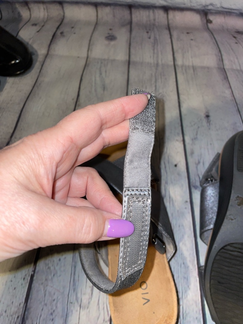 Vionic Metallic Gray Crisscross Slingback Wedge Sandals - Picture 9 of 10